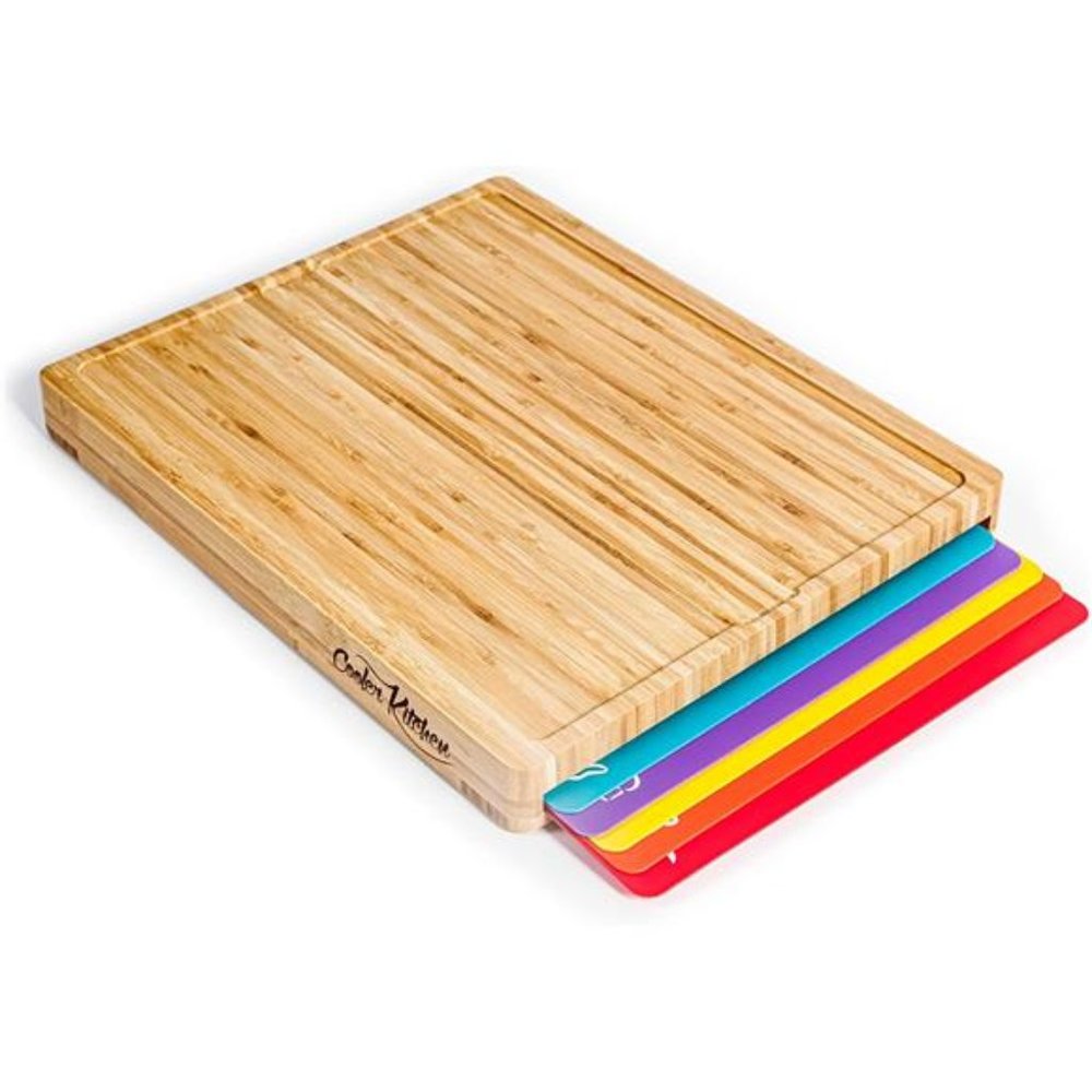 Cutting Board Set Easy-to-Clean Bamboo Wood Board with 6 Color-Coded Flexible
